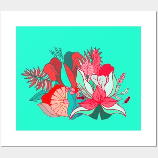 Flower tropical illustration on red and pink cute Posters and Art